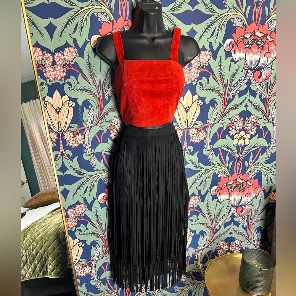 Black faux suede fringe skirt